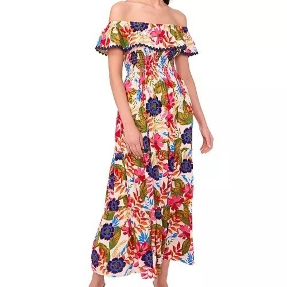 MSK Ruffled Off The Shoulder Maxi Multi Floral Dress Womens Size S NWT